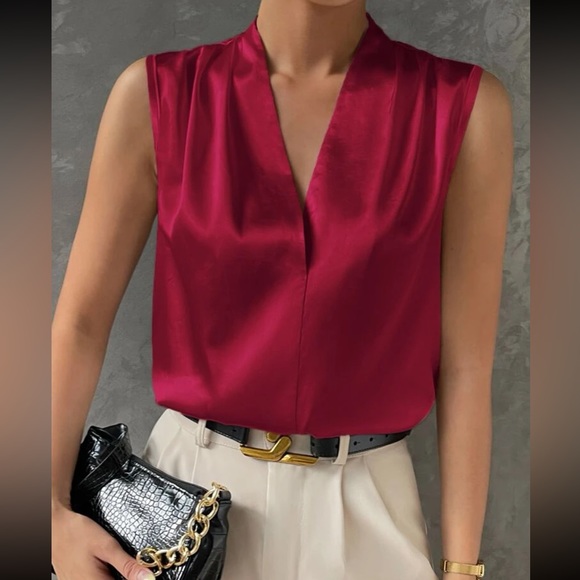 Luxe apricot satin V neck blouse - Picture 9 of 16